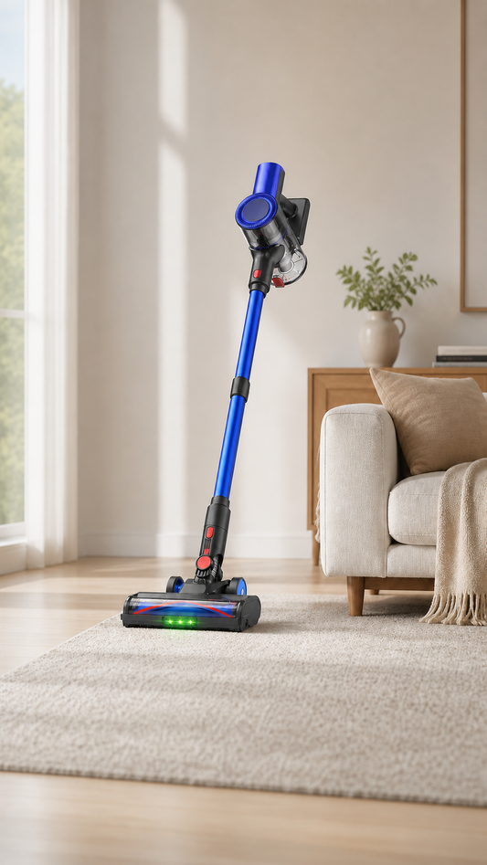 Blauw-zwarte draadloze steelstofzuiger in een lichte Nederlandse woonkamer