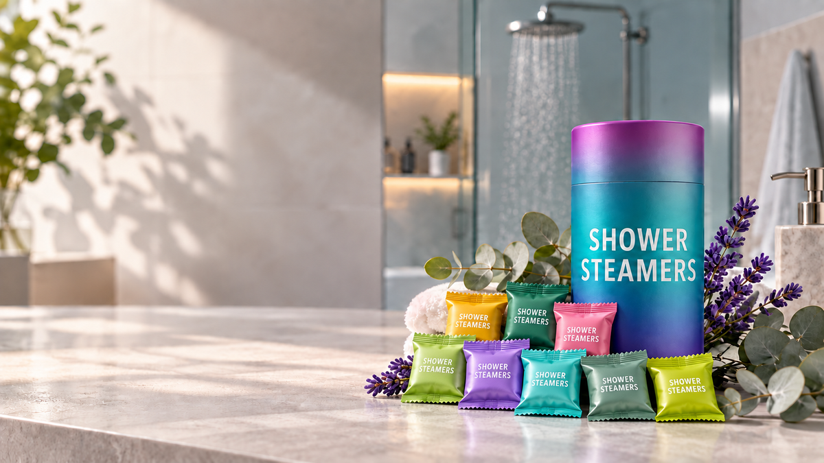 Shower Steamers met gekleurde sachets in een rustige badkamer