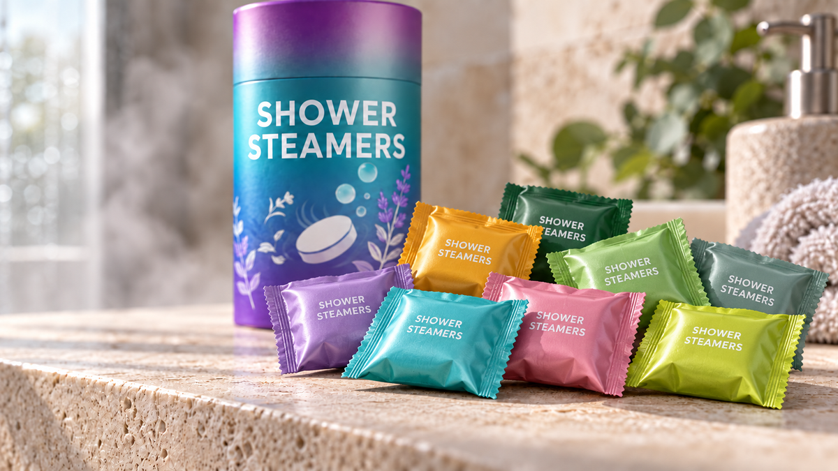 Close-up van acht individueel verpakte Shower Steamers