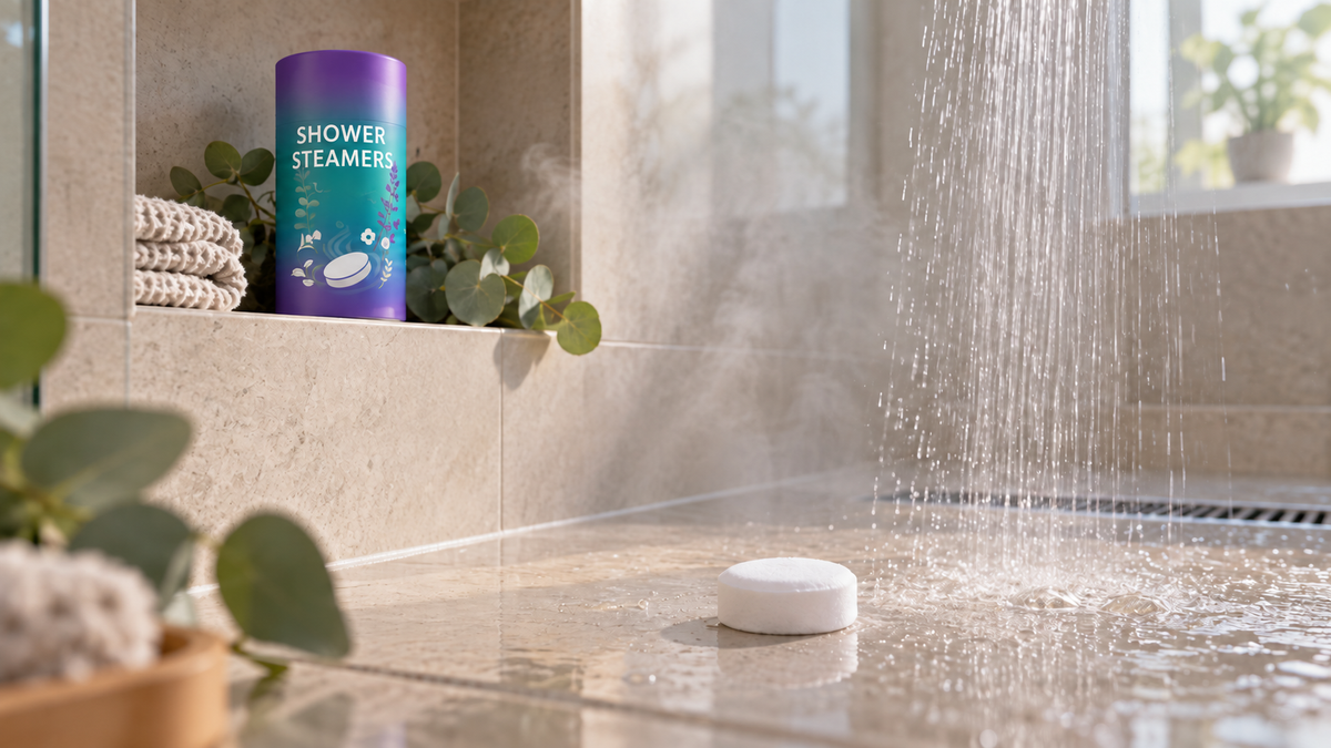 Onverpakte Shower Steamer in gebruik op de douchevloer