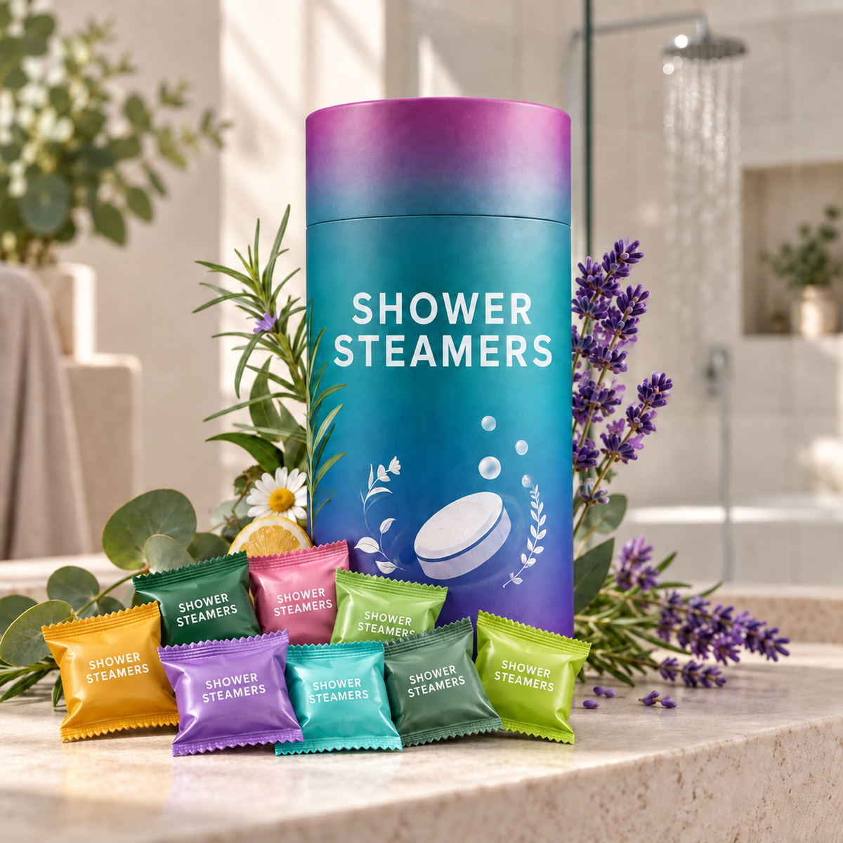 AromaDouche Shower Steamers met acht gekleurde sachets in een lichte badkamer