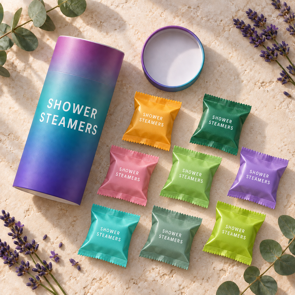 Verpakking Shower Steamers met acht gekleurde sachets