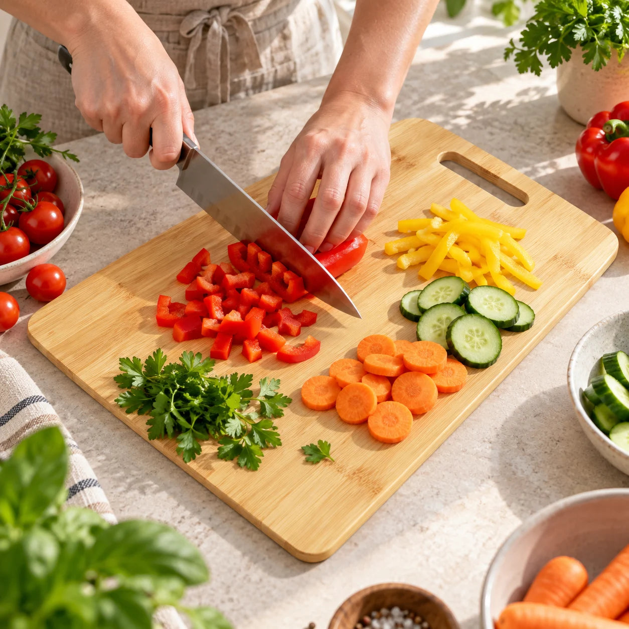 Paprika snijden op de bamboe snijplank met kleurrijke groenten