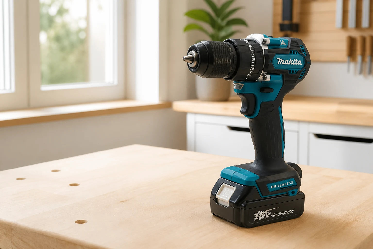 DDF487 accuboormachine op een lichte werkbank