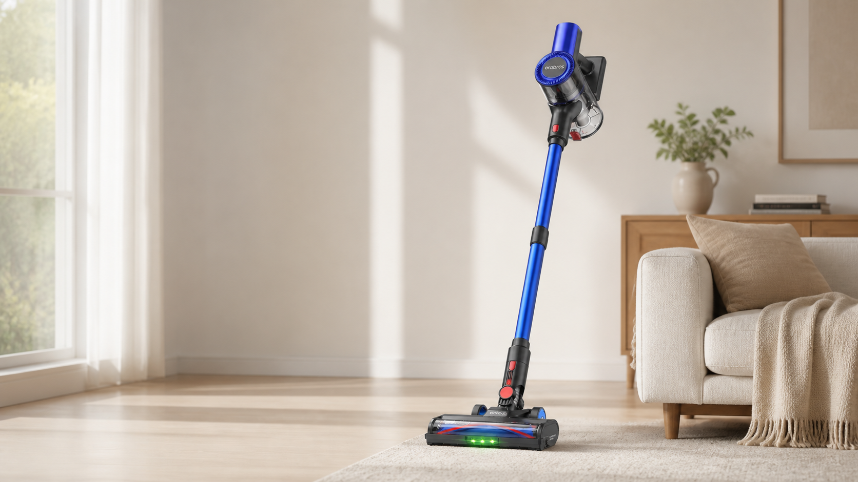 EV2 draadloze steelstofzuiger in een lichte woonkamer