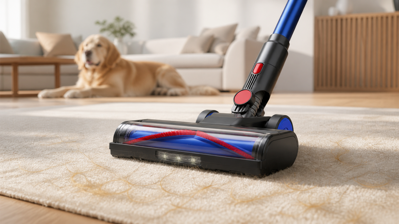 De V-vormige vloerborstel van de EV2 op een vloerkleed met dierenharen