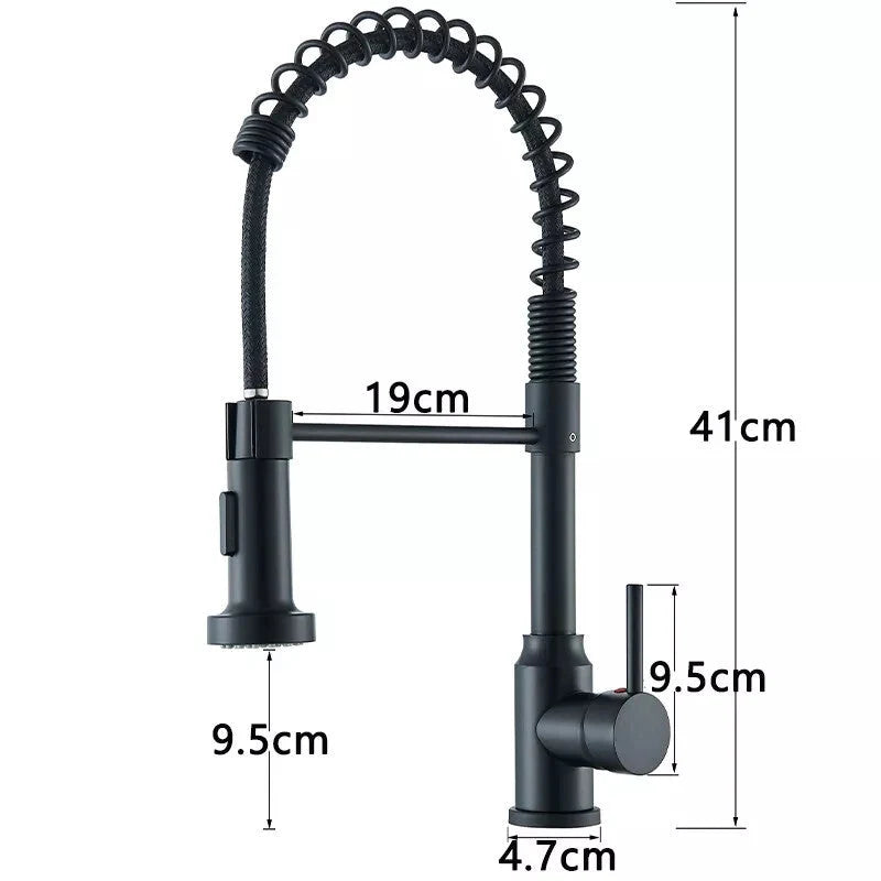 Maattekening van de zwarte keukenkraan met hoogte van 41 centimeter en uitloop van 19 centimeter