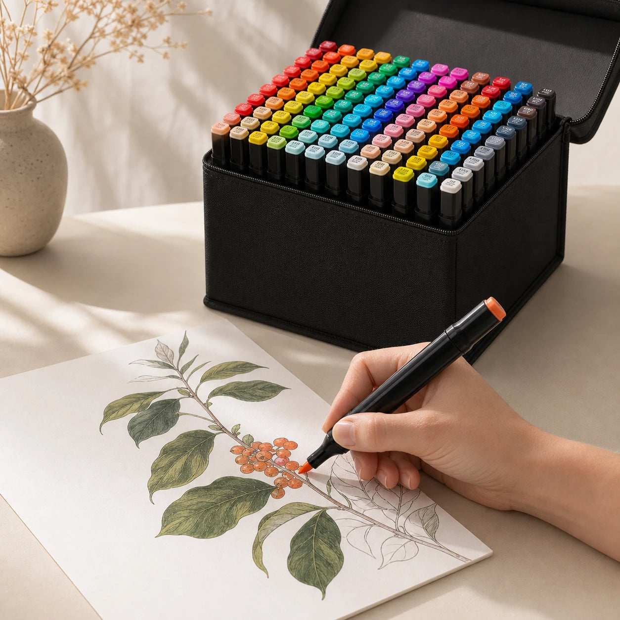 Volwassen hand die met een oranje alcoholmarker een botanische illustratie kleurt