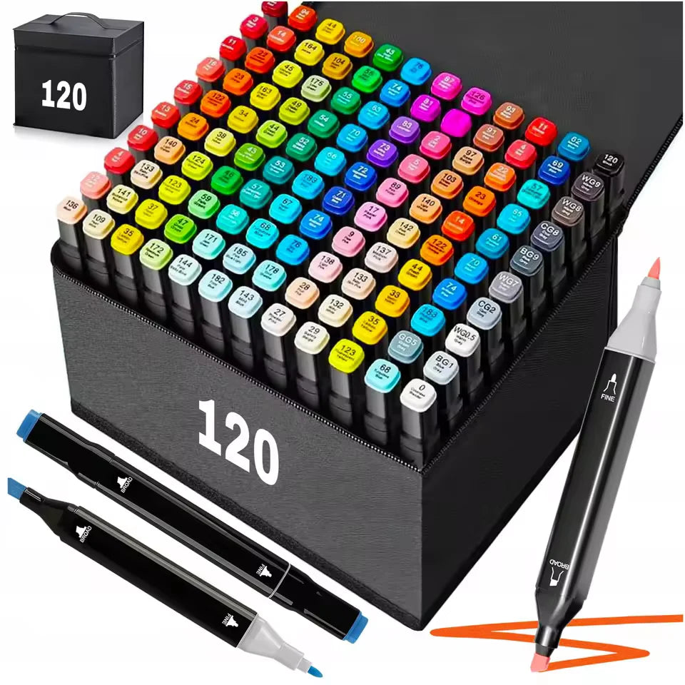 Complete set zwarte alcoholmarkers met gekleurde doppen in een open draagtas
