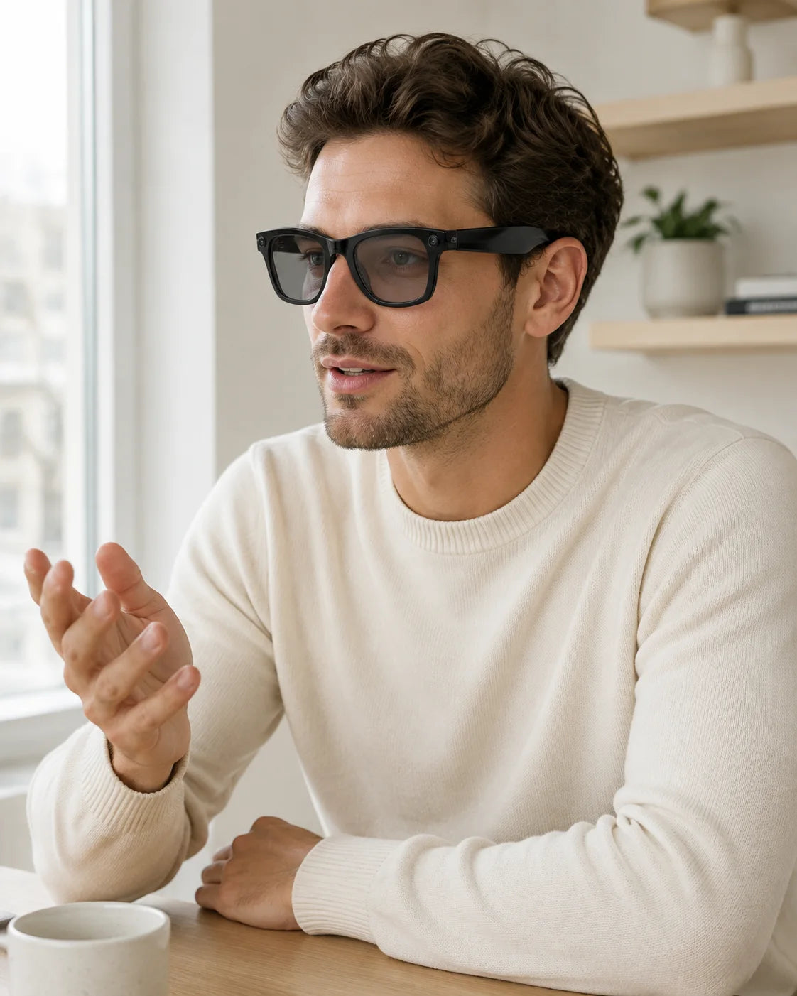 Man voert thuis een handsfree gesprek met de zwarte Norevi One camerabril