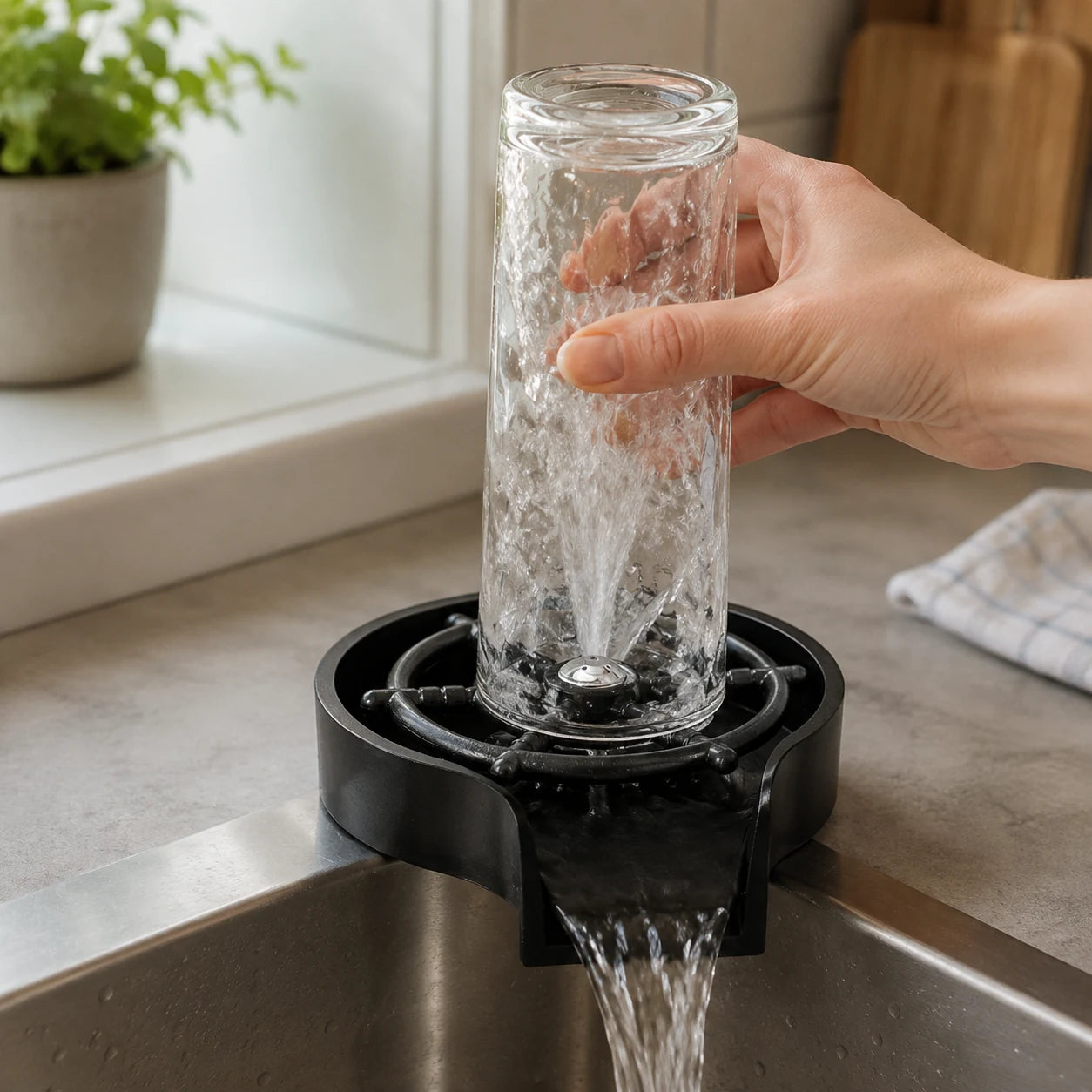 Hoge drinkfles wordt van binnenuit gespoeld met de zwarte RinseFlow