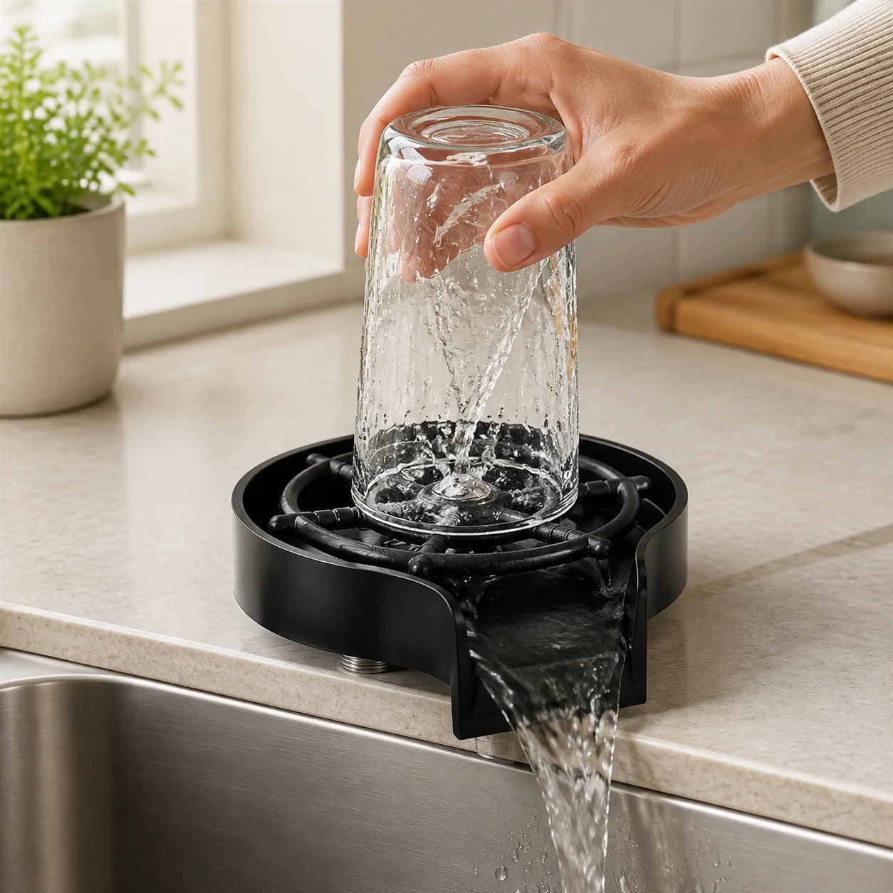 Zwarte RinseFlow bekerspoeler spoelt een omgekeerd glas uit naast de spoelbak