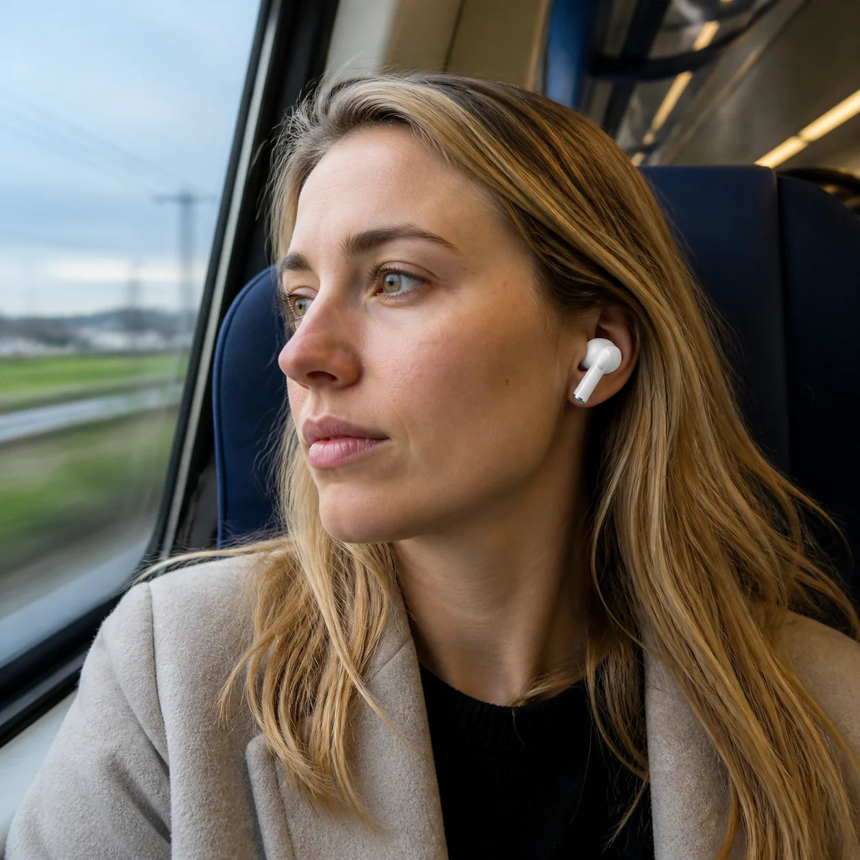 Reiziger in een trein met een witte TWP-800 oordop in het oor