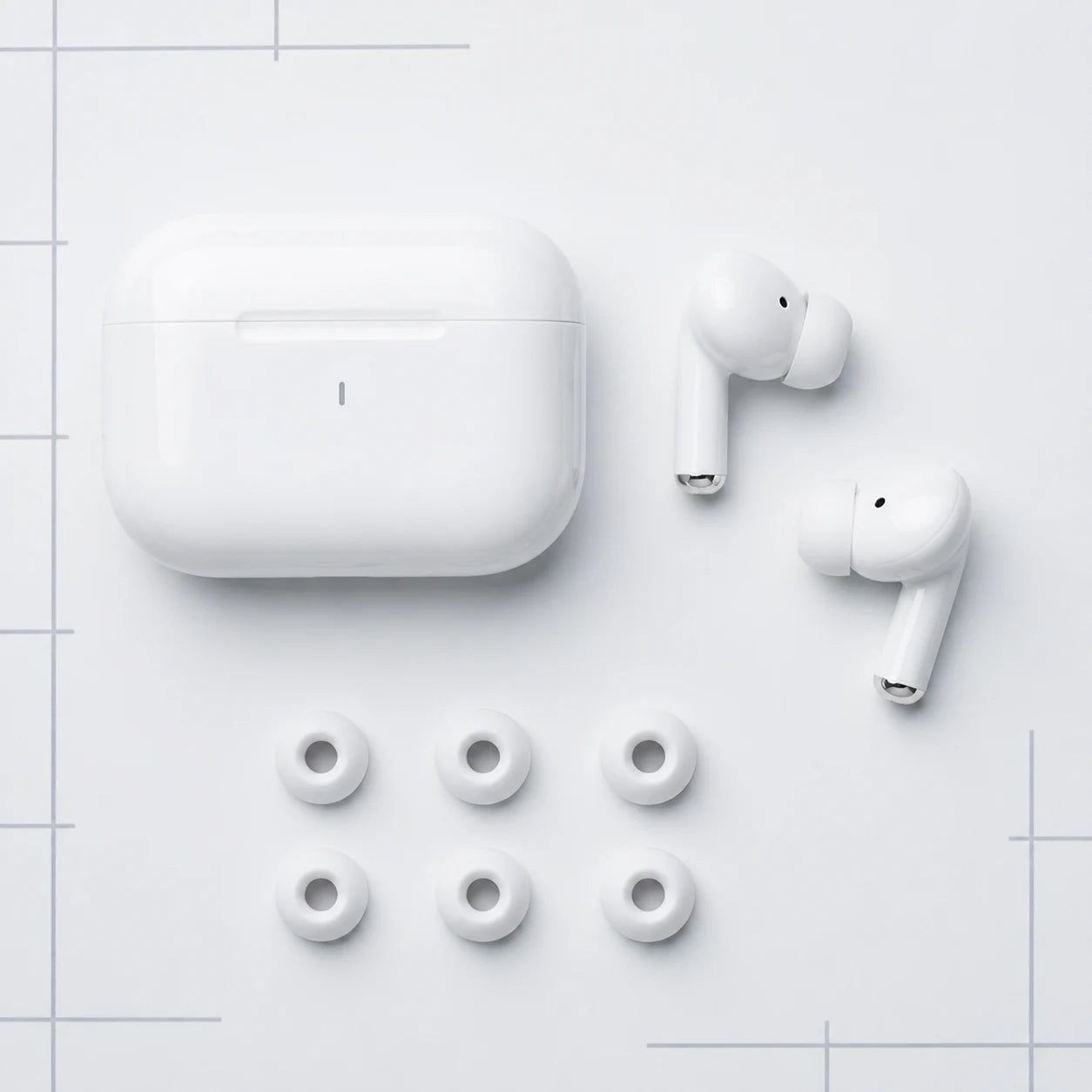 TWP-800 set met witte oplaadcase, twee witte oordopjes en siliconen tips