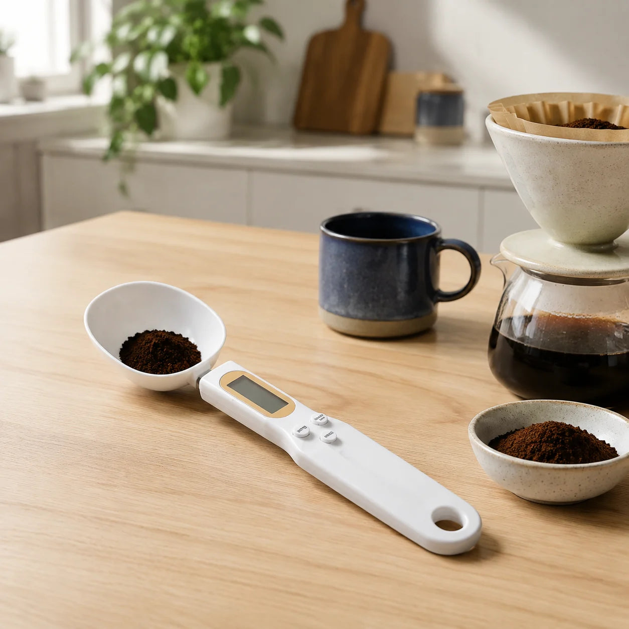 Witte WeegSlim digitale weeglepel met gemalen koffie op een licht houten keukenblad